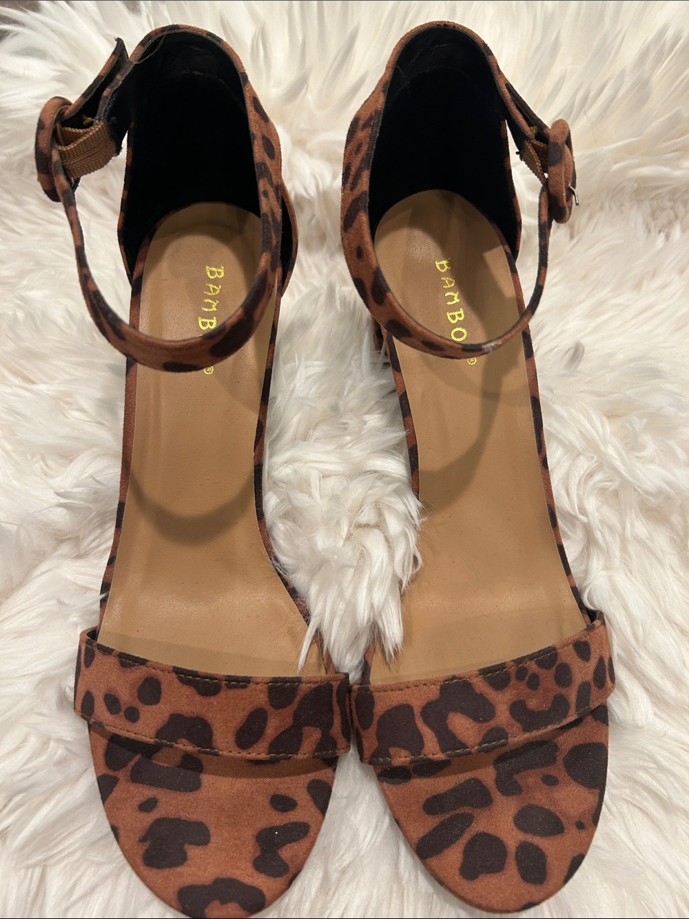 BAMBOO Leopard Print Ankle Strap Heels in Brown